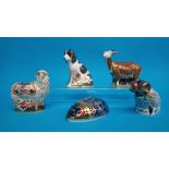 Five Royal Crown Derby paperweights; Derby ram, Nanny goat, Computer mouse, Molly and Imari ewe, all
