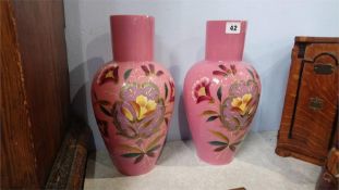 Pair of Victorian pink glass and enamelled vases