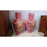 Pair of Victorian pink glass and enamelled vases