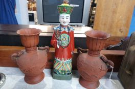 Pair of Chinese vases and a figure