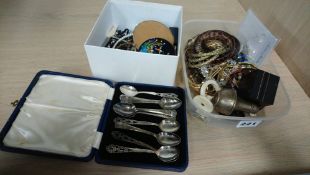 Spoons and two boxes of costume jewellery etc.