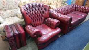 Red leather Chesterfield settee and armchair