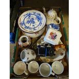 Three trays of Continental china, imari bowls etc.