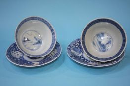 Five blue and white Chinese tea bowls and saucers