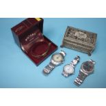Four various watches and a small bone casket