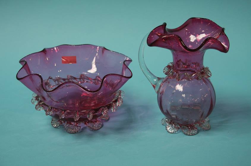 Victorian Cranberry glass bowl and cream jug