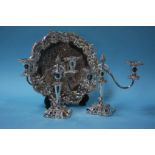 Silver plated salver and pair of candelabra