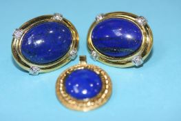 Pair of 18ct gold diamond and lapis lazuli mounted