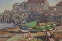 R W Thornton, pastel, Fishermen's cottages and a f