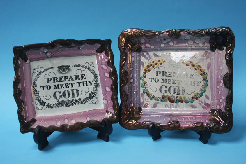 Two Sunderland purple lustre wall plaques 'Prepare