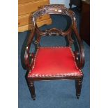 A William IV Rosewood open carver chair, with carv