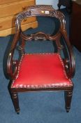 A William IV Rosewood open carver chair, with carv