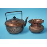 A copper kettle and a flared copper vase, stamped