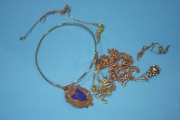 A 9ct gold fob and other gold coloured jewellery