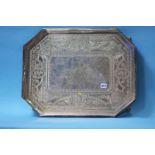 A large galleried silver plated serving tray, engr