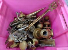 Three boxes of brassware, china and a glass