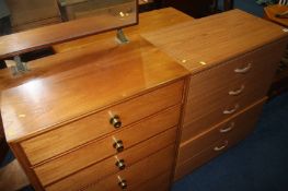 Teak dressing chest, a modern chest of drawers and a circular stool.