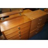 Teak dressing chest, a modern chest of drawers and a circular stool.