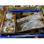 Box of assorted weights and reels etc.