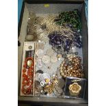 Tray of assorted costume jewellery and coins