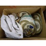 Two boxes of Adams plates, Doulton jug etc.