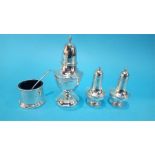 A silver sifter, a silver three piece condiment set and a mustard spoon. Weight 5.8oz/182grams