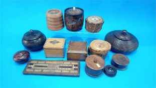 A collection of turned treen wood items.