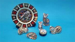 Five Royal Crown Derby paperweights 'Cats', a Dove plate and trinket box (with boxes and