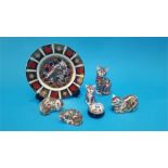 Five Royal Crown Derby paperweights 'Cats', a Dove plate and trinket box (with boxes and