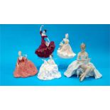 A German porcelain ballerina figure and three Royal Doulton figurines of Ladies and a Coalport
