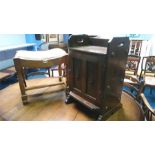 An oak cabinet and an oak stool.