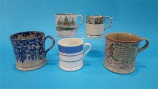 A Sunderland pink lustre tankard and four various Victorian tankards. (5)