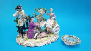 An early 20th Century German (Dresden) porcelain group of two Gentlemen and a Lady seated on a