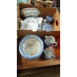 Box of blue and white china.