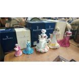 Four Royal Doulton figurines of Ladies and one Coalport figurine.