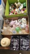 Two boxes of glass perfume bottles and small pieces of china etc.