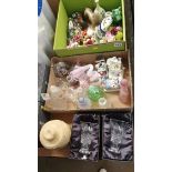 Two boxes of glass perfume bottles and small pieces of china etc.