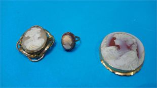 A Victorian oval Cameo brooch, the mount stamped 750, a small Cameo brooch and Cameo ring.