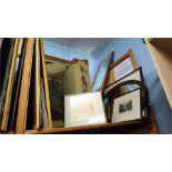 A suitcase, oval mirror and pictures, various.