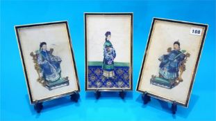 Three Chinese silkwork paintings.