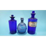 A Hardens 'Star' hand grenade and two blue glass Chemist bottles.