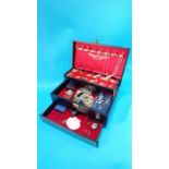 A jewellery box and contents, various costume jewellery.