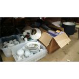Mirror, table lamps, three boxes of china etc.