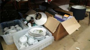 Mirror, table lamps, three boxes of china etc.