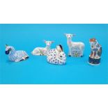 Five Royal Crown Derby paperweights of lambs, rabbit and a cat (no boxes or certificates).