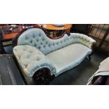 A mahogany chaise longue, with pale green upholstery. 203cm