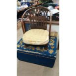 A sarcophagus shaped upholstered linen box, an easy chair etc.