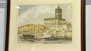 Low Davidson, watercolour, signed, dated 1996, 'Vessel at the harbour edge'. 40cm x 55cm
