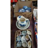A box of 19th Century and other jugs, wash bowl and jug and a box of blue and white china.