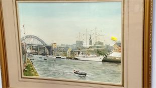 Ron Beardmore, oil, signed, 'Tall Ships below the Tyne Bridge'. 28cm x 38cm